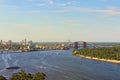 Aerial landscape view of Kyiv at summer sunny day. Beautiful Dnipro River with bridges and Obolon district at the background.