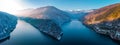 Aerial landscape view of lake Rausor in late winter. Sunset. Panorama Royalty Free Stock Photo