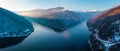 Aerial landscape view of lake Rausor in late winter. Sunset. Panorama