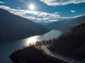 Aerial landscape view of lake Rausor and the sun