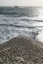 Aerial landscape view at sunset sunrise looking down over the gannet colony at Muriwai beach along the North Island coastline Royalty Free Stock Photo