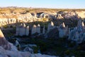 Aerial landscape view of typical geologic formations of Cappadocia. Amazing shaped sandstone rocks. Famous touristic place Royalty Free Stock Photo