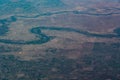 Aerial landscape view of winding course of the `Blue Nile` river around the City of Wad Madani