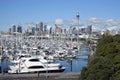 Aerial landscape view of yachts against Auckland skyline