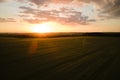 Aerial landscape view of yellow cultivated agricultural field with ripe wheat on vibrant summer evening Royalty Free Stock Photo