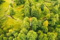 Aerial landscape of winding river in green field, top view of beautiful nature background from drone, seasonal summer Royalty Free Stock Photo