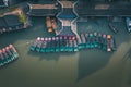 Aerial landscapes of Jinxi village, row of traditional wooden boat, a historic canal town in southwest Kunshan, Jiangsu Province,