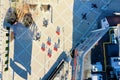 Aerial looking directly down over red chairs