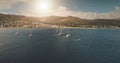 Aerial of luxury yacht, sail motorboat on ocean bay. Summer vacation on boats