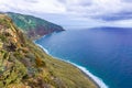 Aerial Madeira island view with Atlantic ocean, white waves, cliffs and nature