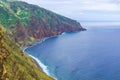 Aerial Madeira island view with Atlantic ocean, white waves, cliffs and nature