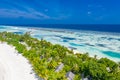 Maldives paradise island. Tropical aerial landscape, seascape water bungalows villas with amazing sea lagoon beach