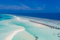 Maldives paradise island. Tropical aerial landscape, seascape water bungalows villas with amazing sea lagoon beach