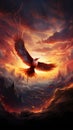 Aerial masterpiece Abstract bird emerges from sunsets embrace in cloud symphony
