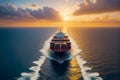 Oceanic Odyssey, Container Ship Navigating at Sunset, AI Generated