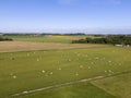 Aerial of meadowland with sheep and cultivated land on the dutch island of Texel