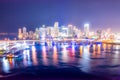 Aerial Miami skyline night long exposure in Miami Beach and MacArthur Causeway Royalty Free Stock Photo