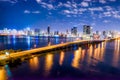 Aerial Miami skyline night long exposure in Miami Beach and MacArthur Causeway Royalty Free Stock Photo