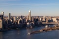 Aerial Midtown Manhattan New York City Skyline along the East River with Roosevelt Island and the Queensboro Bridge