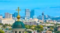 Aerial Milwaukee Skyline with Historic Basilica Dome and Cross