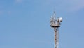 Aerial of mobile communication on a background of a blue cloudy sky. High antenna. Sun rays and glare. The concept of mobile Royalty Free Stock Photo