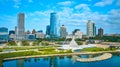 Aerial Modern Milwaukee Skyline with Quadracci Pavilion and Lake Michigan Royalty Free Stock Photo