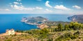 Aerial morning cityscape of Asos village on the west coast of Cephalonia island , Greece, Europe. Splendid summer sescape of Ionia