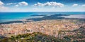 Aerial morning cityscape of Vlore city from Kanines fortress. Breathtaking morning sescape of Adriatic sea.