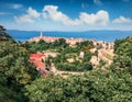 Aerial morning cityscape of Vrbnik town. Marvelous summer seascape of Adriatic sea, Krk island, Kvarner bay archipelago, Croatia, Royalty Free Stock Photo