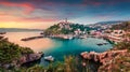 Aerial morning cityscape of Vrbnik town. Wonderful summer seascape of Adriatic sea, Krk island, Kvarner bay archipelago, Croatia, Royalty Free Stock Photo