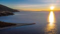 Aerial morning drone view of Zlatni Rat cape on Brac island in Croatia. Magical and beautiful peninsula, famous on croatian coast