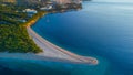 Aerial morning drone view of Zlatni Rat cape on Brac island in Croatia. Magical and beautiful peninsula, famous on croatian coast