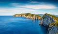 Aerial morning seascape of Ionian Sea. Blue summer view of the west coast of Lefkada island, Greece, Europe. Beauty of nature conc Royalty Free Stock Photo