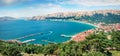 Aerial morning view of Bashka town. Col.orful summer seascape of Adriatic sea, Krk island, Kvarner bay archipelago, Croatia, Royalty Free Stock Photo