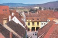 Aerial morning view of the center of Sighisoara citadel.