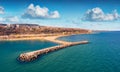 Aerial morning view of Varna port. Spectacular seascape of Black sea, east coast of Bulgaria, Europe.