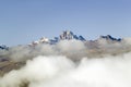 Aerial of Mount Kenya, Africa with snow and white puffy clouds in January, the second highest mountain at 17,058 feet or 5199 Mete Royalty Free Stock Photo