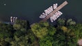 Aerial nature top down of Weissensee lake in Prenzlauerberg Berlin Germany