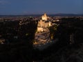 Aerial night panorama of illuminated Segovia old town historic centre Alcazar castle palace in Castile and Leon Spain