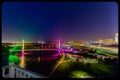 Aerial night scene view of Bob Kerrey bridge and downtown Omaha Nebraska