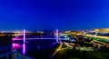 Aerial night view of Bob Kerrey Pedestrian bridge across Missouri River in Omaha Nebraska.