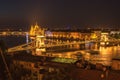 Aerial night view of Budapest, capital city of Hungary