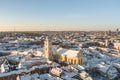 Aerial night view of church of the Ascension of the Lord in Vilnius, Lithuania. Beautiful sunny Vilnius city scene in winter