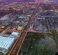 Aerial night view of a city neighborhood