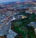 Aerial night view of a city neighborhood