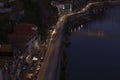 Aerial night view of the city traffic lights and the river in the city of Porto, Portugal. Royalty Free Stock Photo