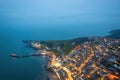 Aerial night view of the famous travel destination, Swanage, Dorset, South West England. blue hour winter Royalty Free Stock Photo