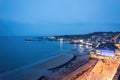 Aerial night view of the famous travel destination, Swanage, Dorset, South West England. blue hour winter Royalty Free Stock Photo