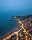 Aerial night view of the famous travel destination, Swanage, Dorset, South West England. blue hour winter Royalty Free Stock Photo