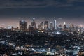 Aerial night view of financial district skyline in downtown Los Angeles; California Royalty Free Stock Photo